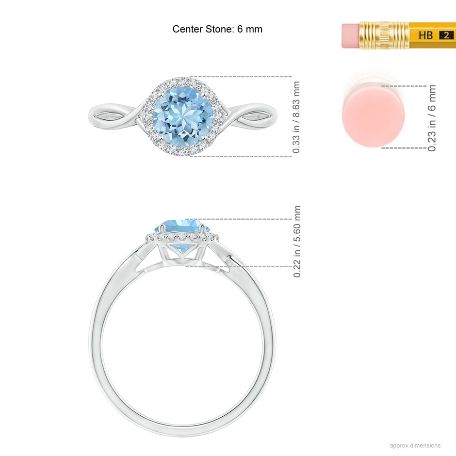 6mm AAAA Round Aquamarine Halo Ring with Criss Cross Shank in White Gold ruler