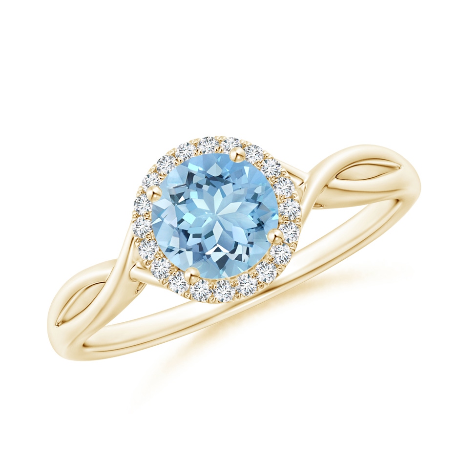 6mm AAAA Round Aquamarine Halo Ring with Criss Cross Shank in Yellow Gold 
