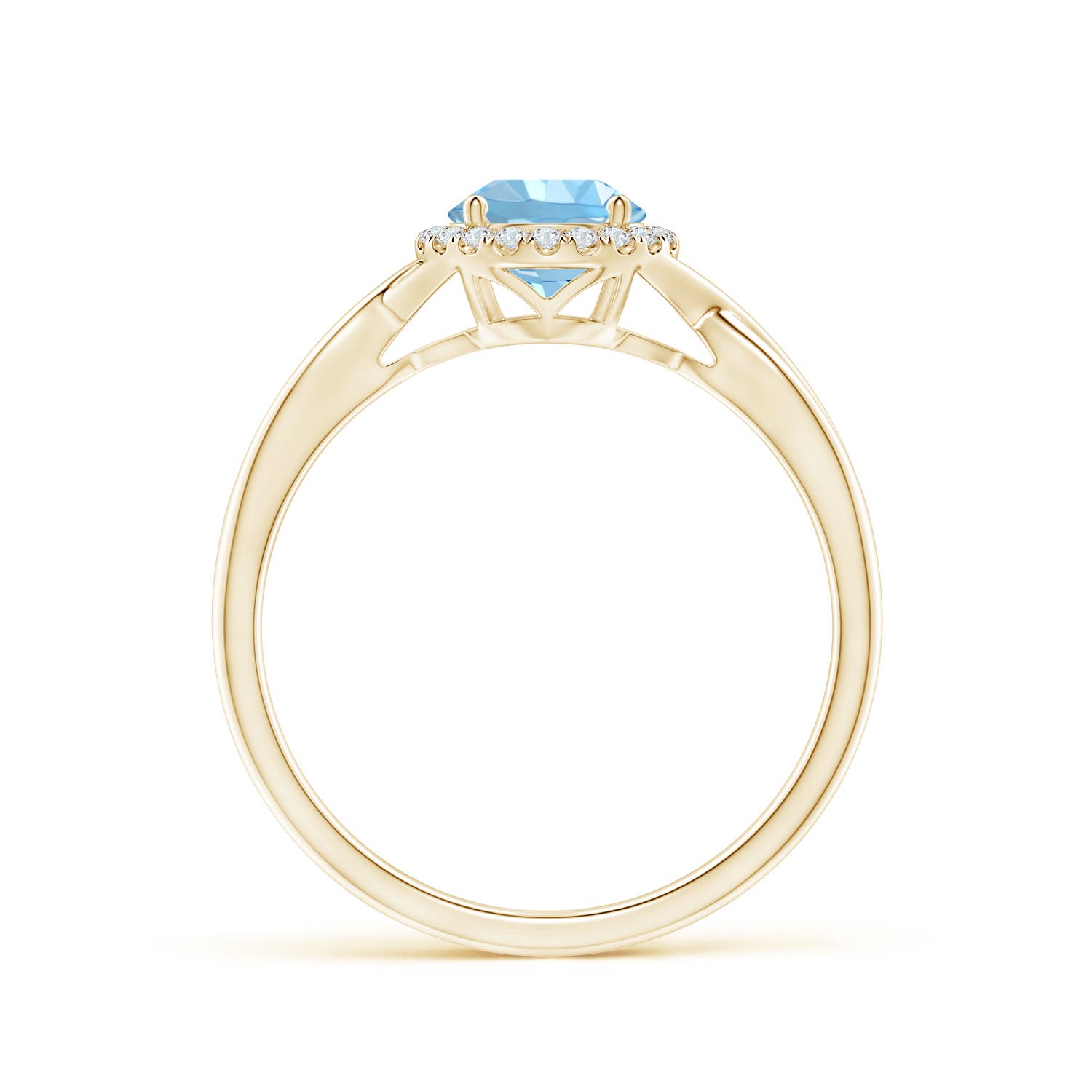6mm AAAA Round Aquamarine Halo Ring with Criss Cross Shank in Yellow Gold