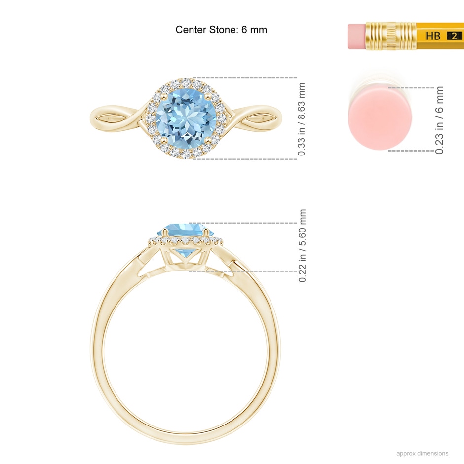 6mm AAAA Round Aquamarine Halo Ring with Criss Cross Shank in Yellow Gold ruler