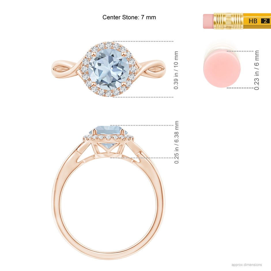 7mm A Round Aquamarine Halo Ring with Criss Cross Shank in Rose Gold ruler