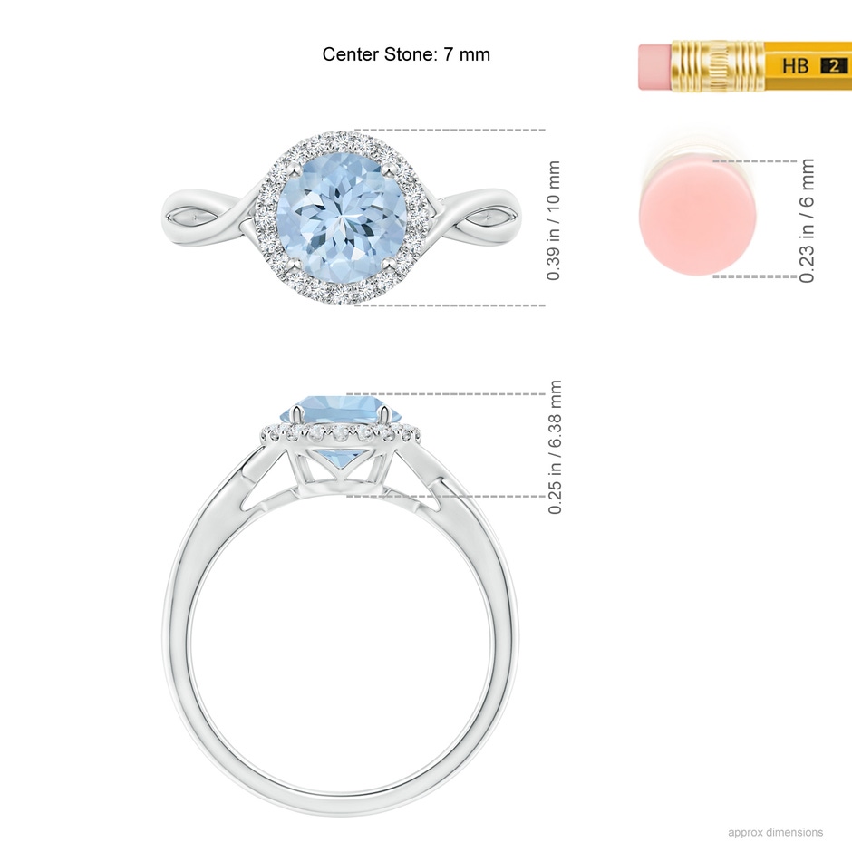 7mm AA Round Aquamarine Halo Ring with Criss Cross Shank in White Gold ruler
