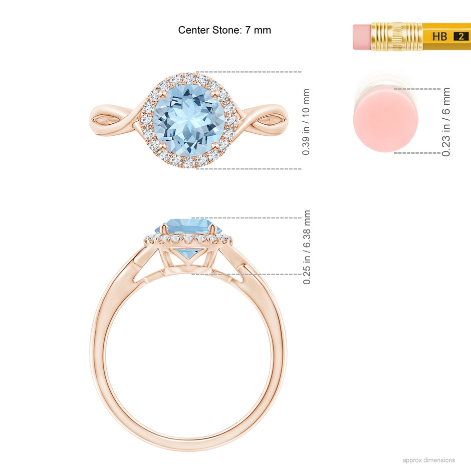 7mm AAA Round Aquamarine Halo Ring with Criss Cross Shank in Rose Gold ruler