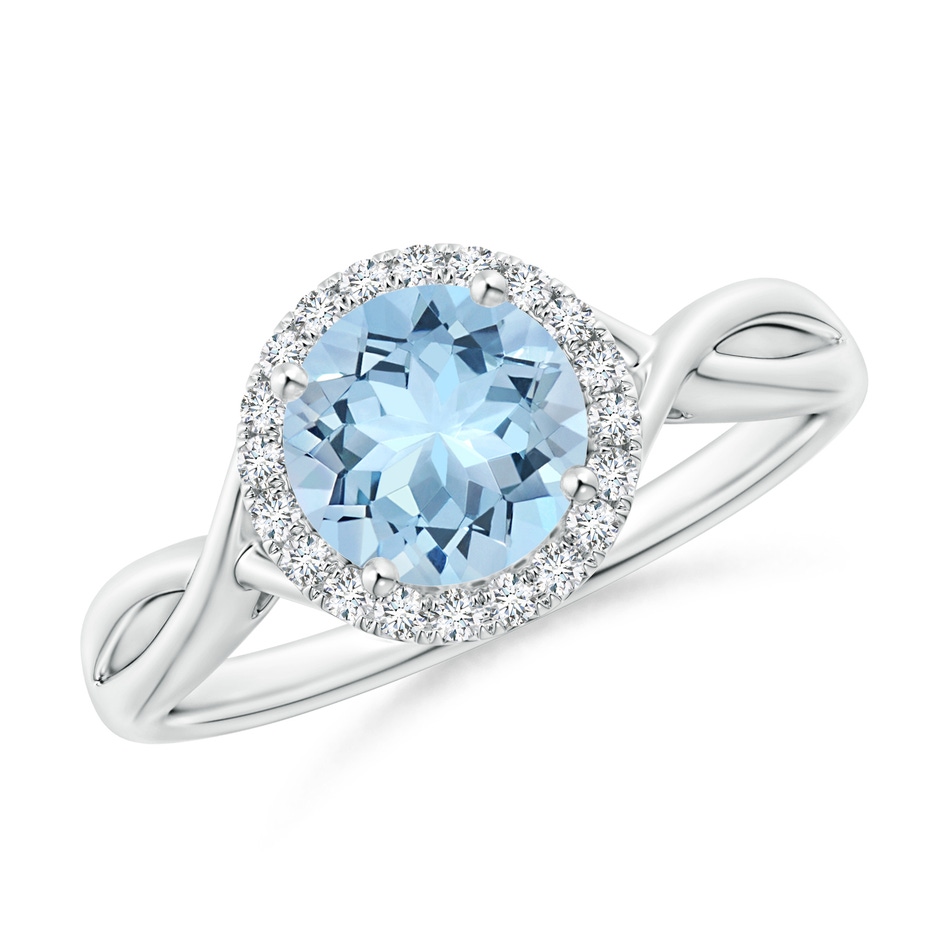 7mm AAA Round Aquamarine Halo Ring with Criss Cross Shank in White Gold 