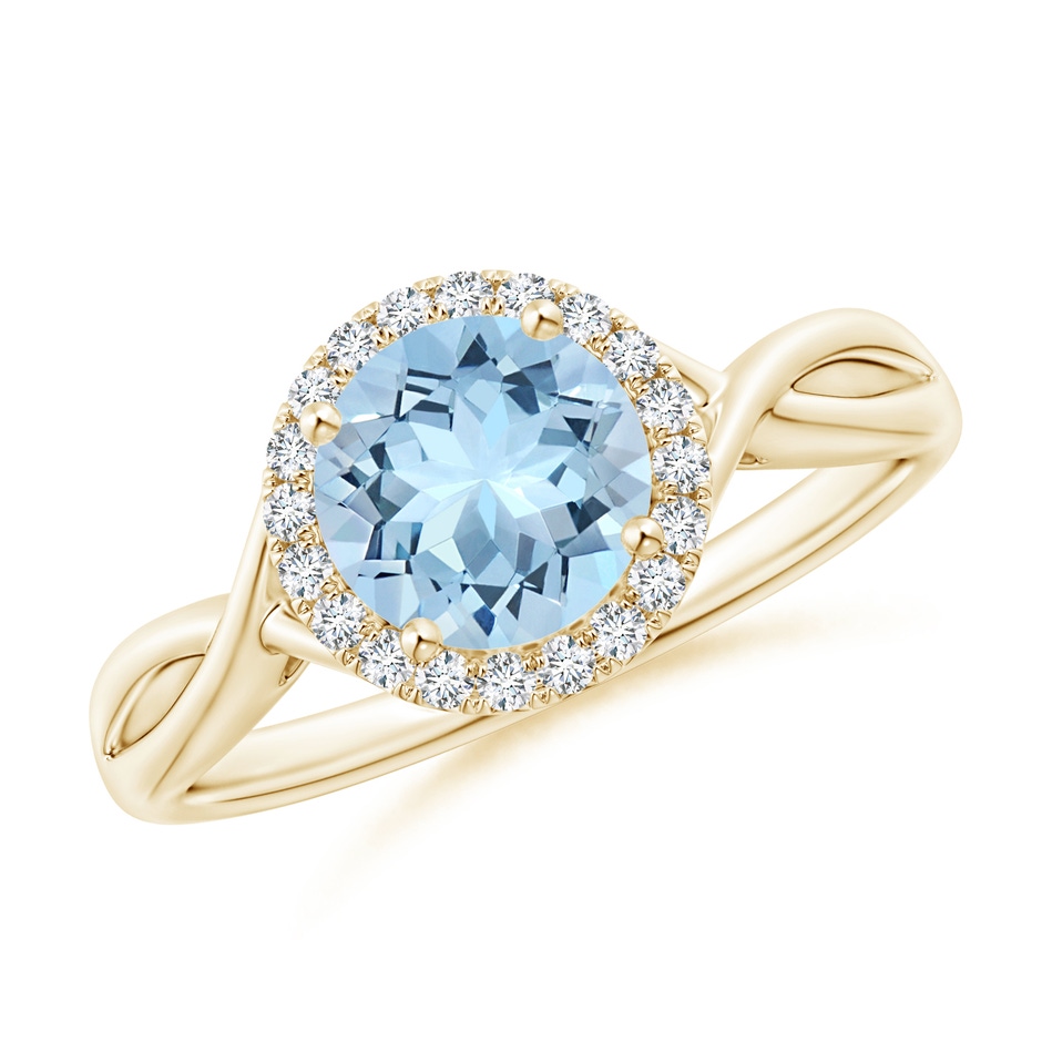 7mm AAA Round Aquamarine Halo Ring with Criss Cross Shank in Yellow Gold 