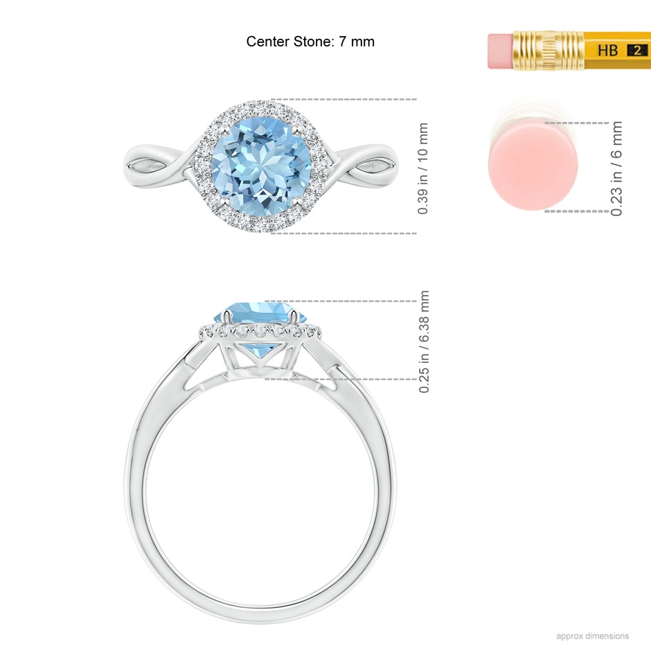 7mm AAAA Round Aquamarine Halo Ring with Criss Cross Shank in 18K White Gold ruler