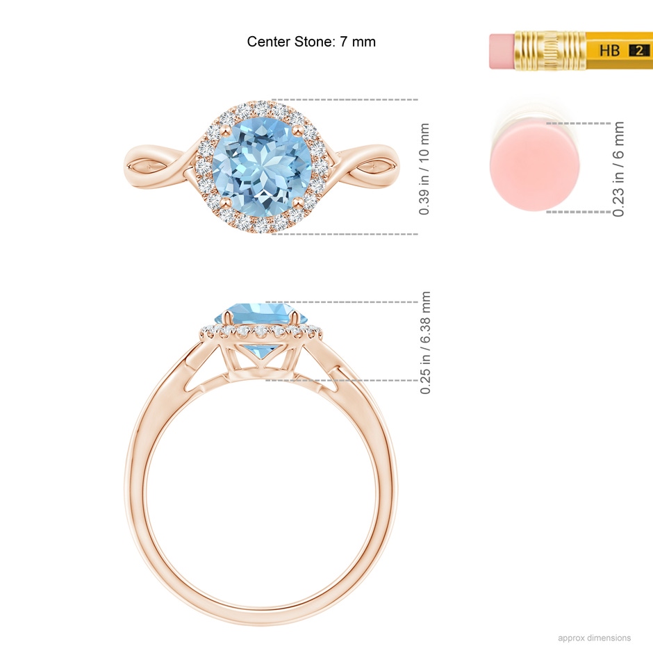 7mm AAAA Round Aquamarine Halo Ring with Criss Cross Shank in Rose Gold ruler