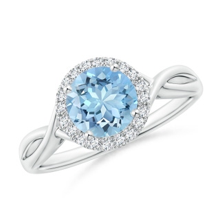 7mm AAAA Round Aquamarine Halo Ring with Criss Cross Shank in White Gold