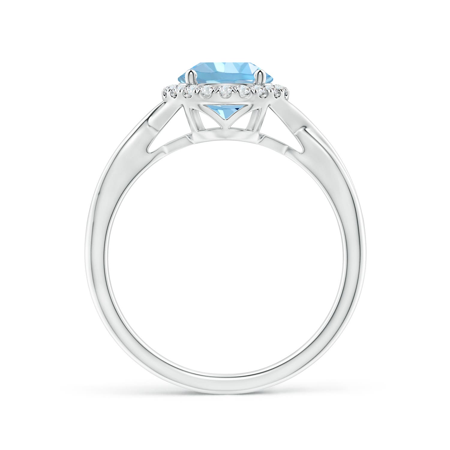 7mm AAAA Round Aquamarine Halo Ring with Criss Cross Shank in White Gold