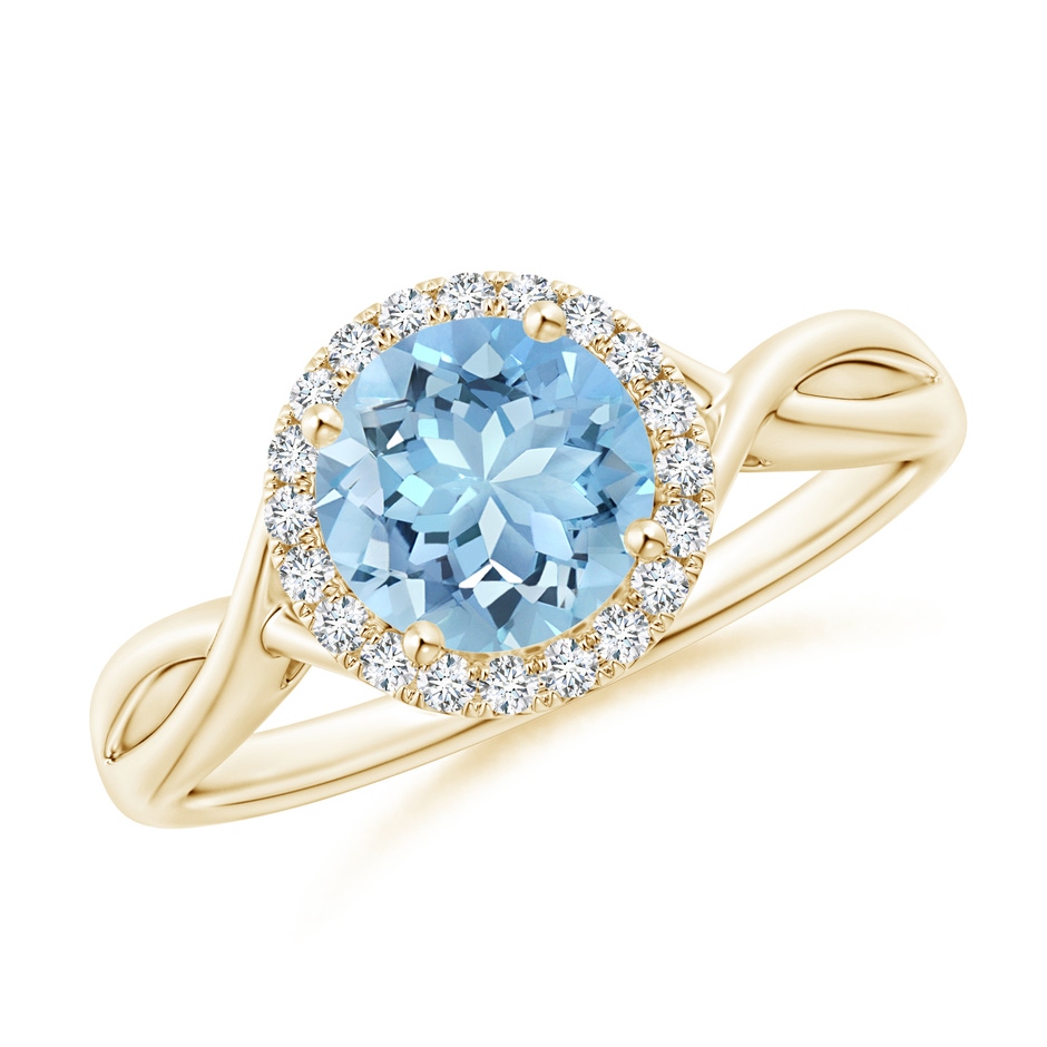 7mm AAAA Round Aquamarine Halo Ring with Criss Cross Shank in Yellow Gold 