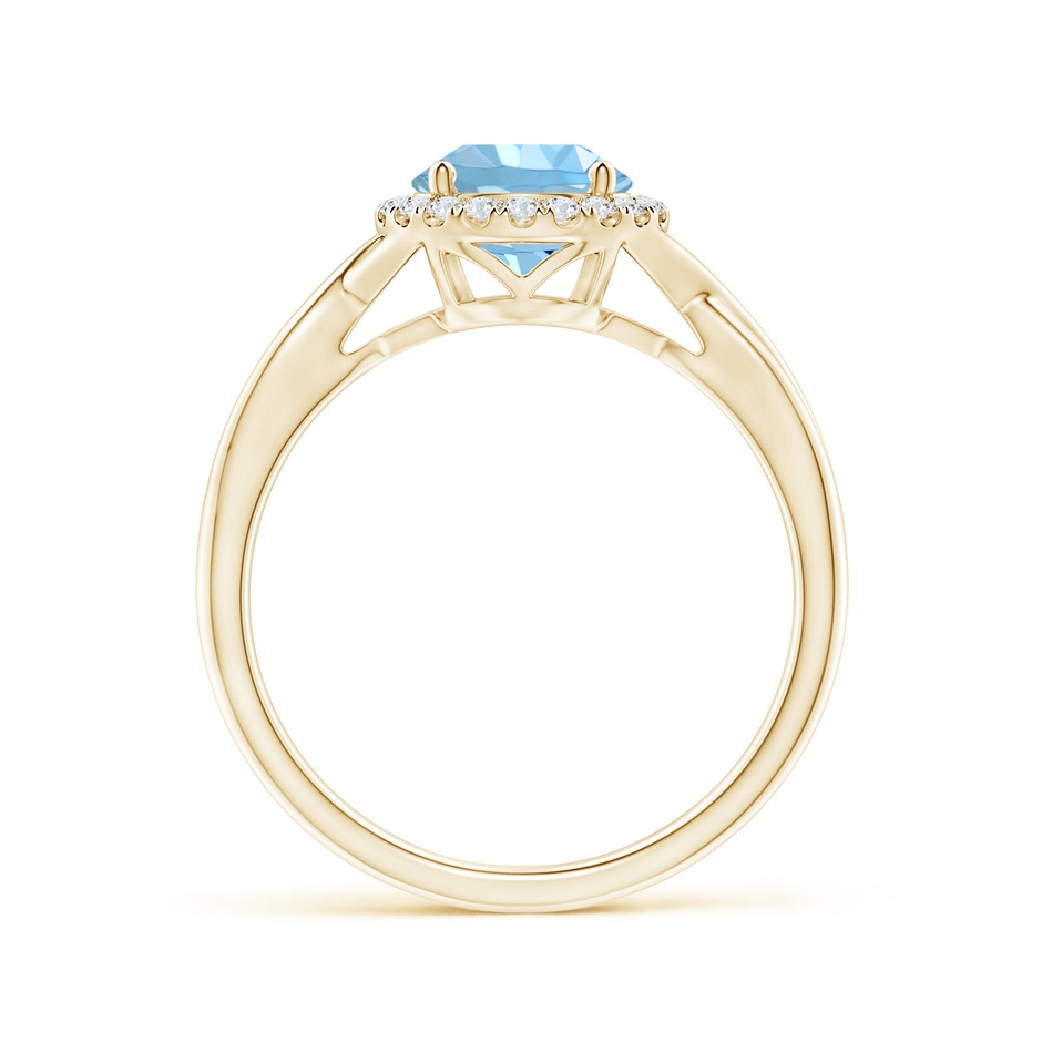 7mm AAAA Round Aquamarine Halo Ring with Criss Cross Shank in Yellow Gold side 199