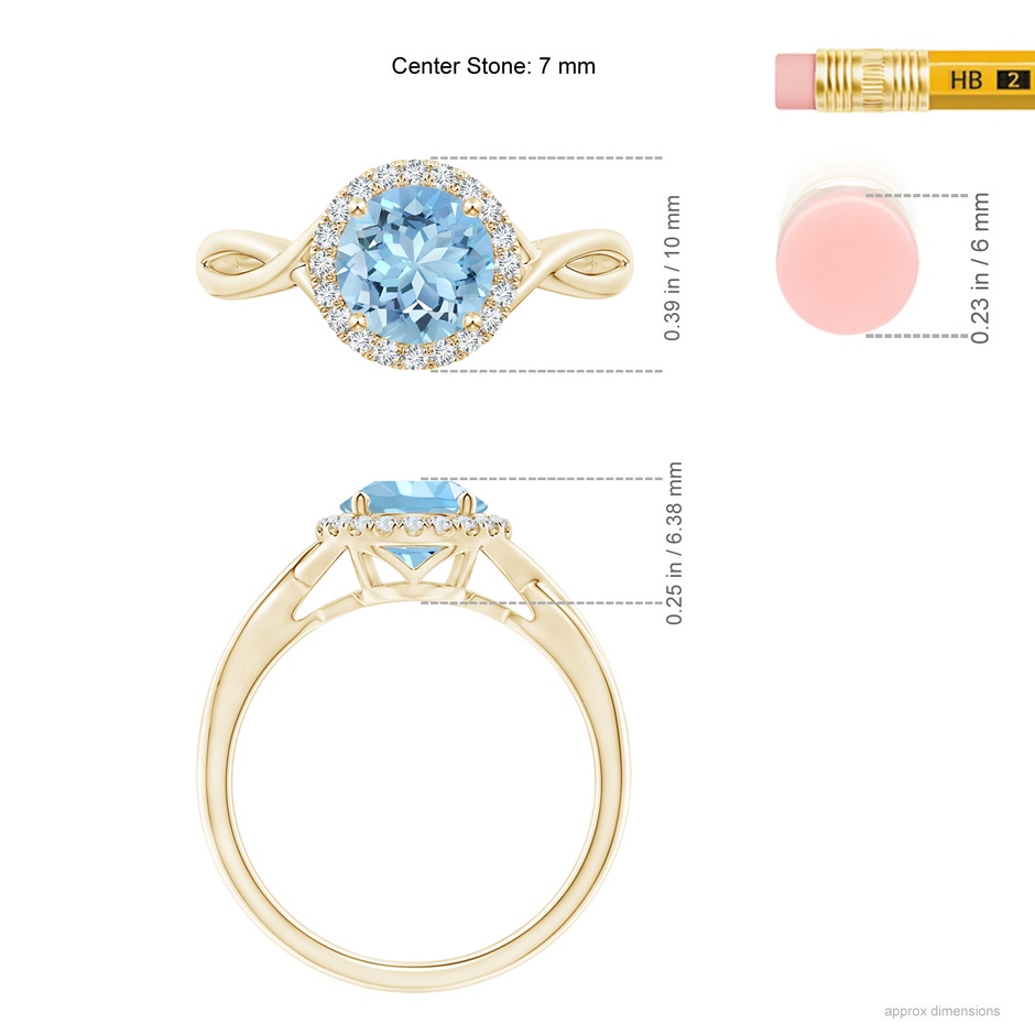 7mm AAAA Round Aquamarine Halo Ring with Criss Cross Shank in Yellow Gold ruler