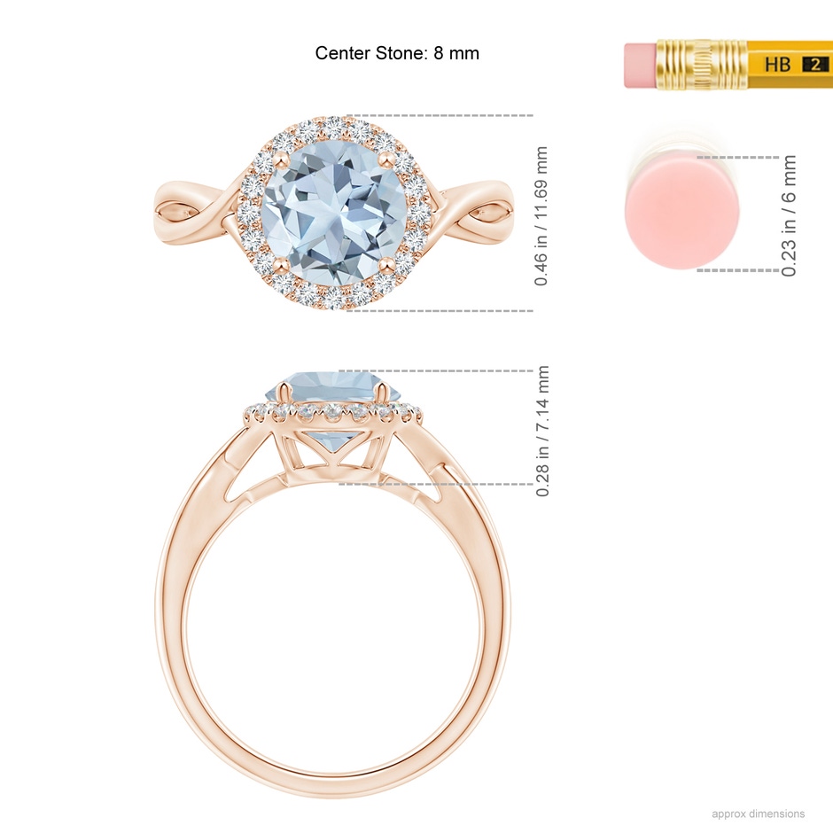 8mm A Round Aquamarine Halo Ring with Criss Cross Shank in Rose Gold ruler