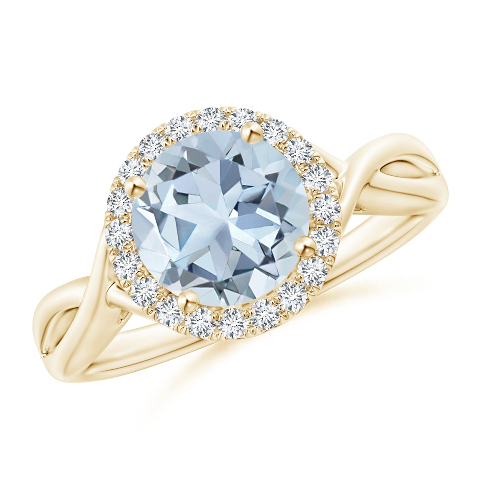 8mm A Round Aquamarine Halo Ring with Criss Cross Shank in Yellow Gold 