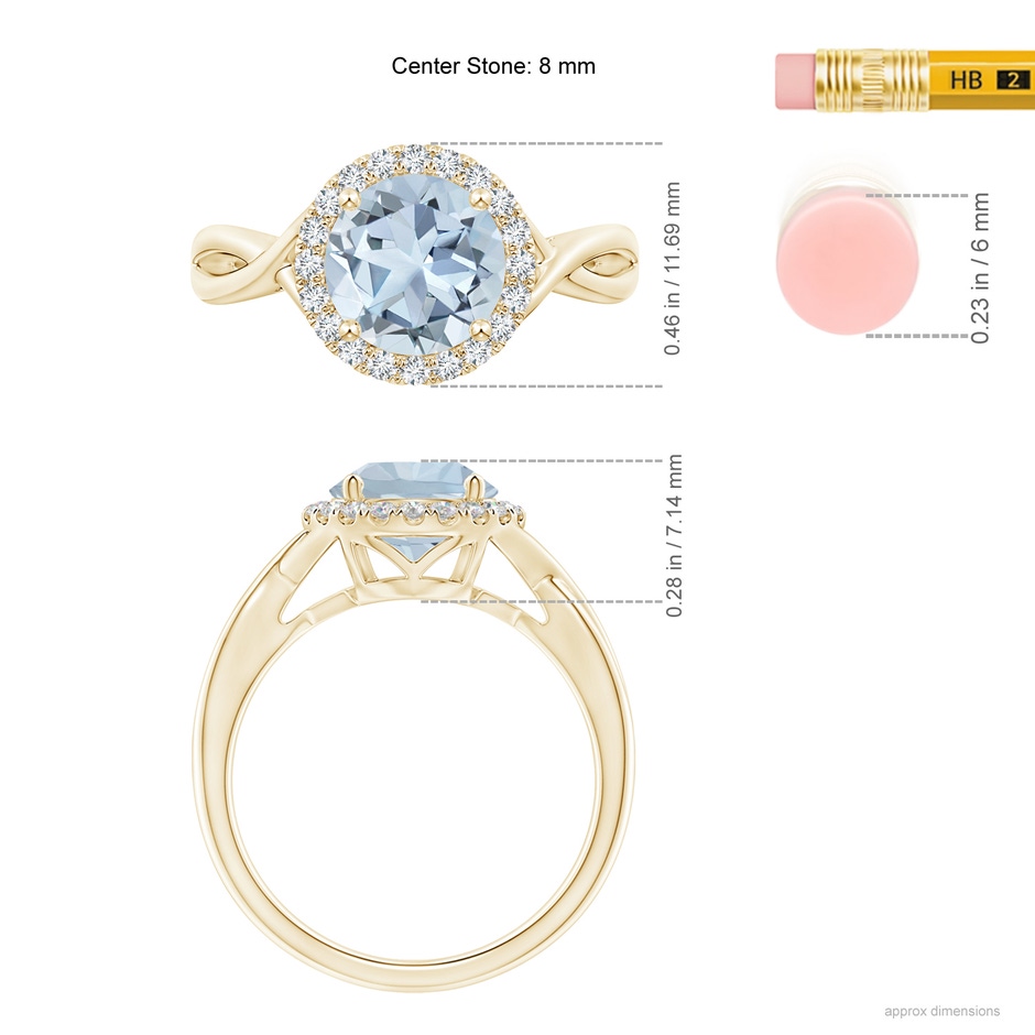 8mm A Round Aquamarine Halo Ring with Criss Cross Shank in Yellow Gold ruler