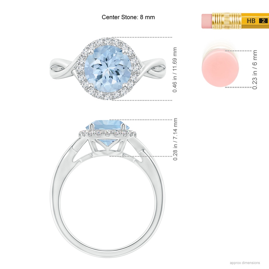 8mm AA Round Aquamarine Halo Ring with Criss Cross Shank in White Gold ruler