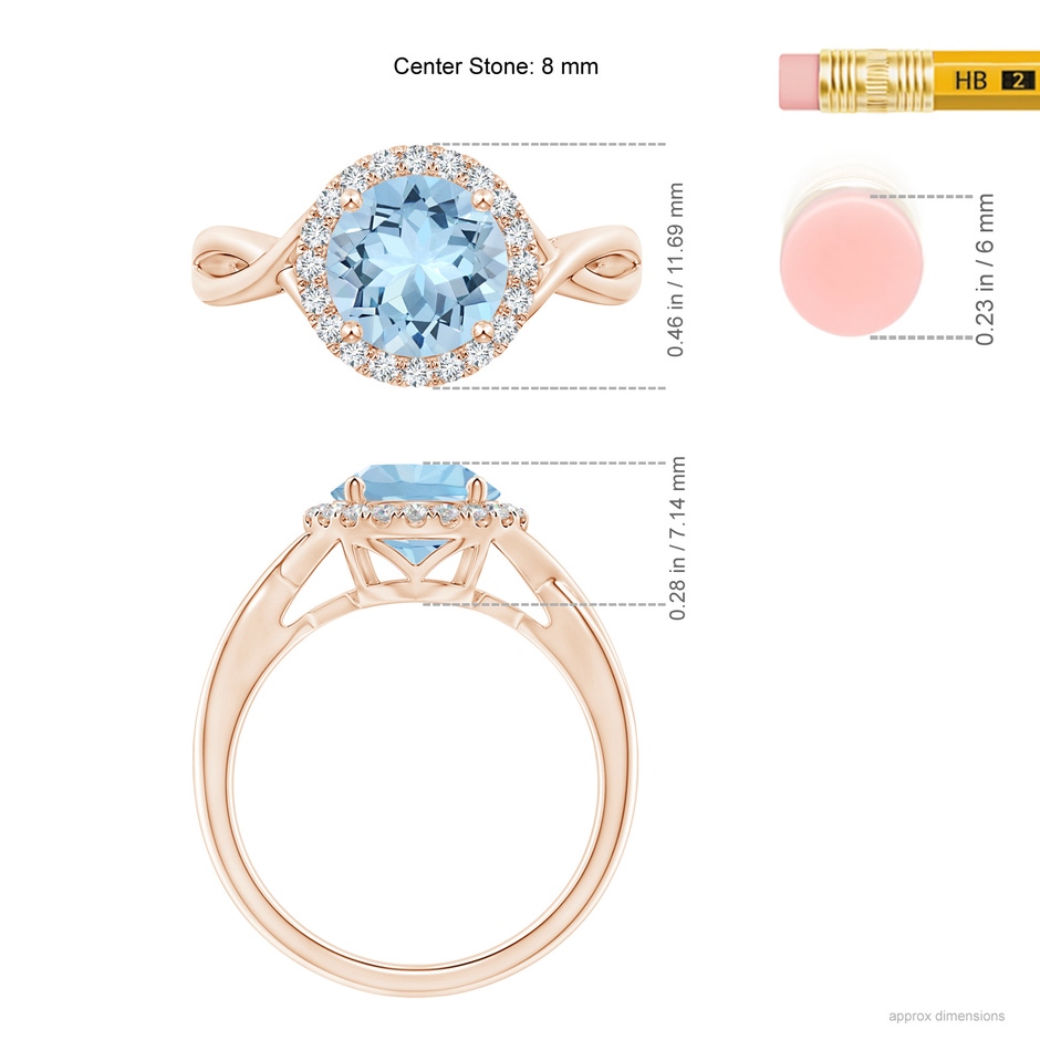 8mm AAA Round Aquamarine Halo Ring with Criss Cross Shank in 18K Rose Gold ruler