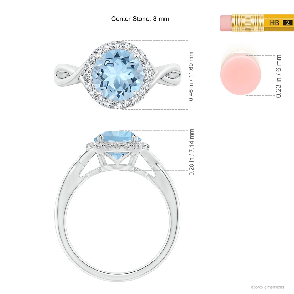 8mm AAA Round Aquamarine Halo Ring with Criss Cross Shank in 18K White Gold ruler