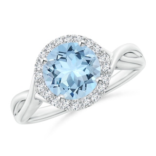 8mm AAA Round Aquamarine Halo Ring with Criss Cross Shank in White Gold