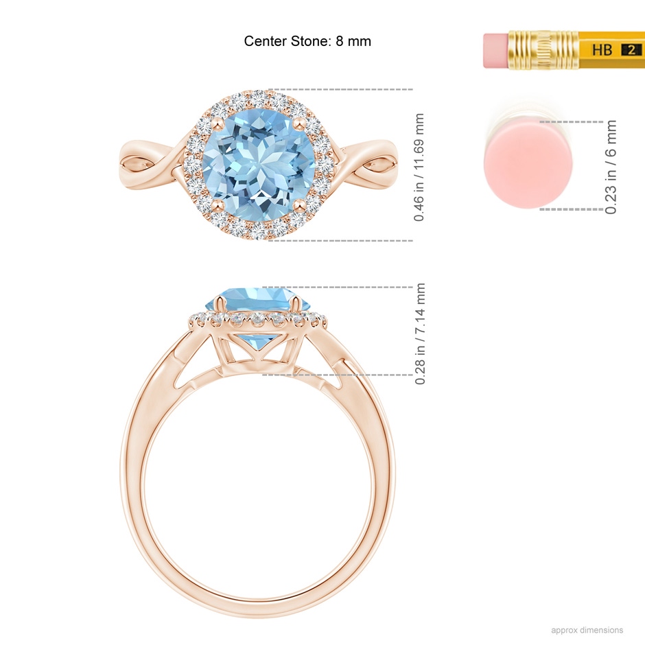 8mm AAAA Round Aquamarine Halo Ring with Criss Cross Shank in 18K Rose Gold ruler