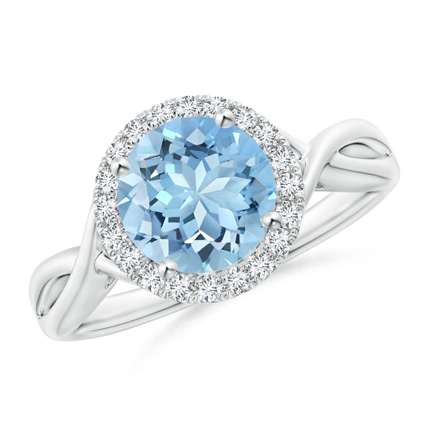 8mm AAAA Round Aquamarine Halo Ring with Criss Cross Shank in 18CT White Gold