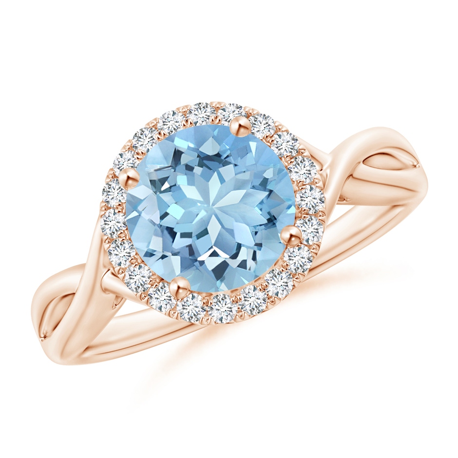8mm AAAA Round Aquamarine Halo Ring with Criss Cross Shank in Rose Gold 
