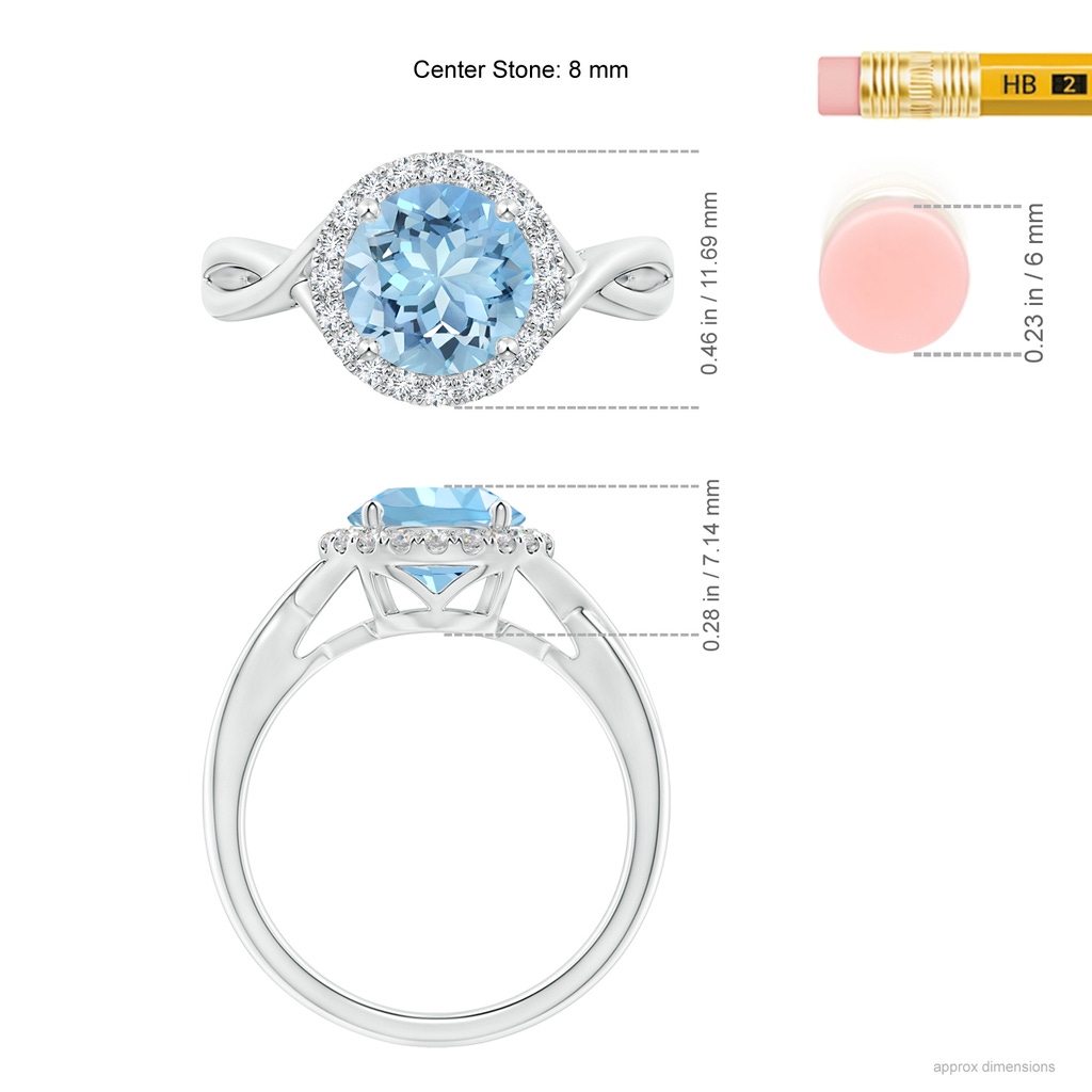 8mm AAAA Round Aquamarine Halo Ring with Criss Cross Shank in White Gold Ruler