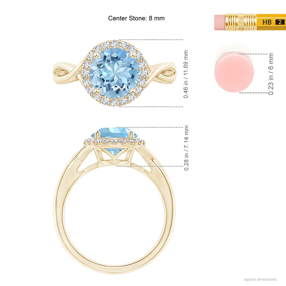 8mm AAAA Round Aquamarine Halo Ring with Criss Cross Shank in Yellow Gold ruler