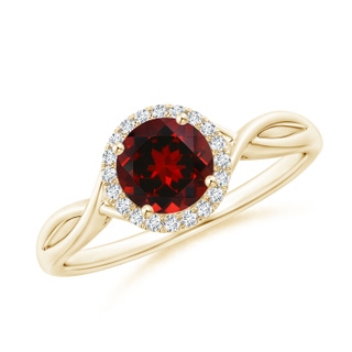 6mm AAAA Round Garnet Halo Ring with Criss Cross Shank in Yellow Gold