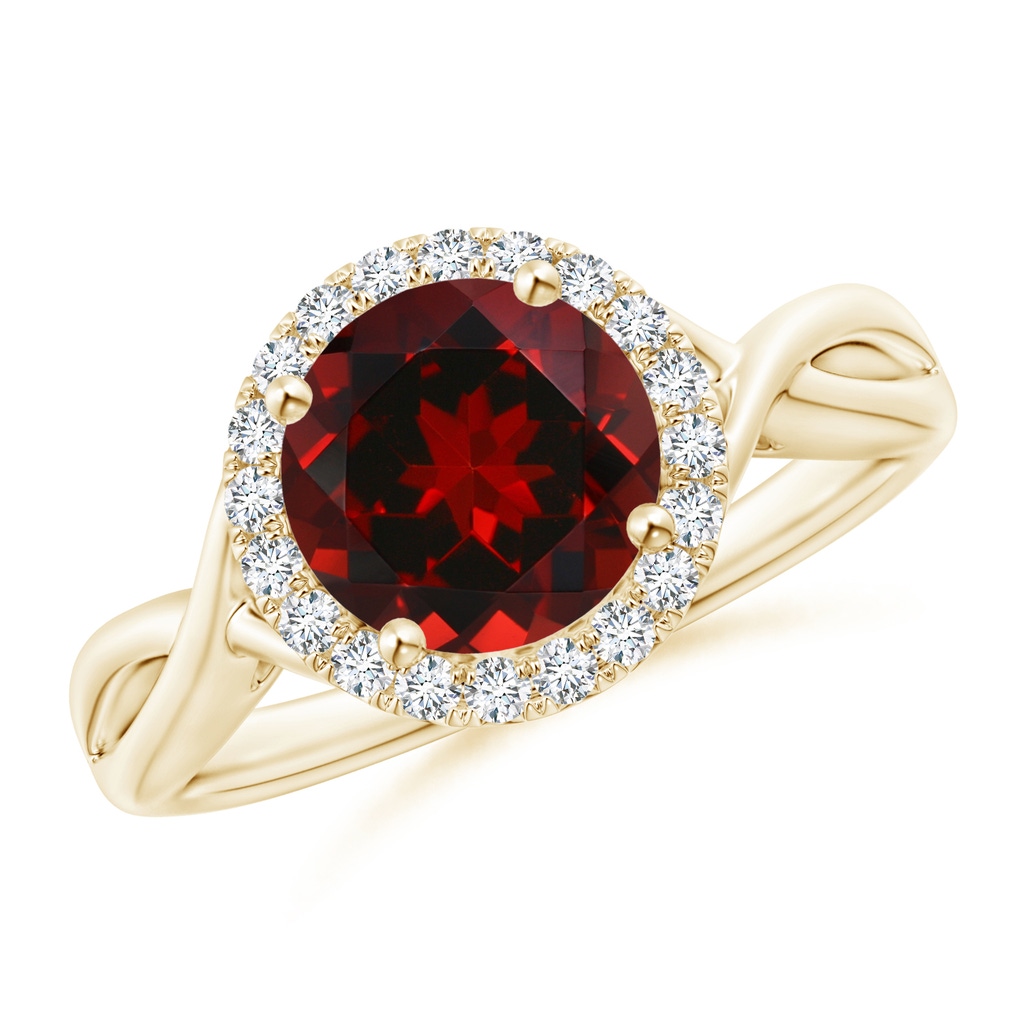8mm AAAA Round Garnet Halo Ring with Criss Cross Shank in Yellow Gold