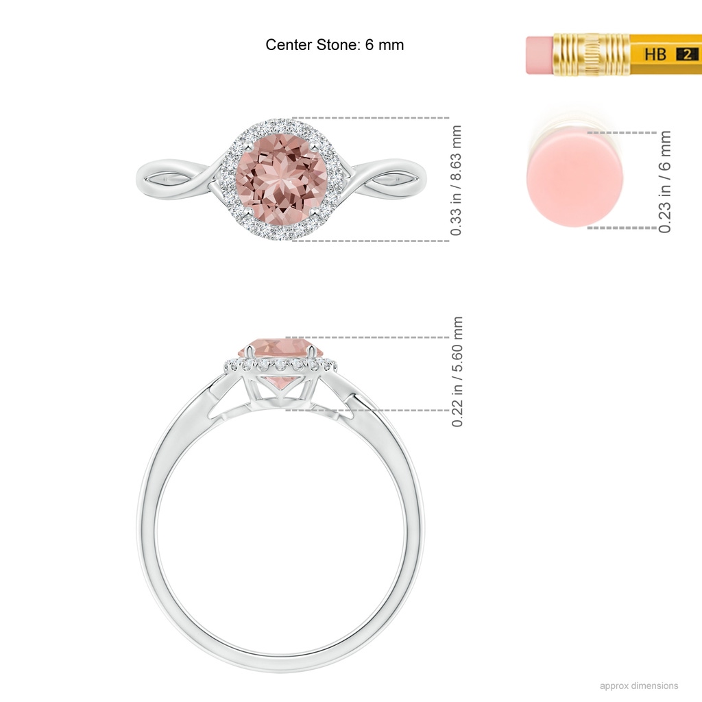 6mm AAAA Round Morganite Halo Ring with Criss Cross Shank in White Gold Ruler
