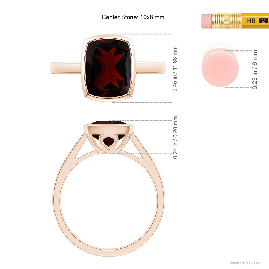 10x8mm A Bezel-Set Rectangular Cushion Garnet Ring in Rose Gold ruler
