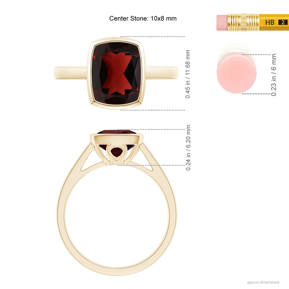 10x8mm AA Bezel-Set Rectangular Cushion Garnet Ring in Yellow Gold ruler