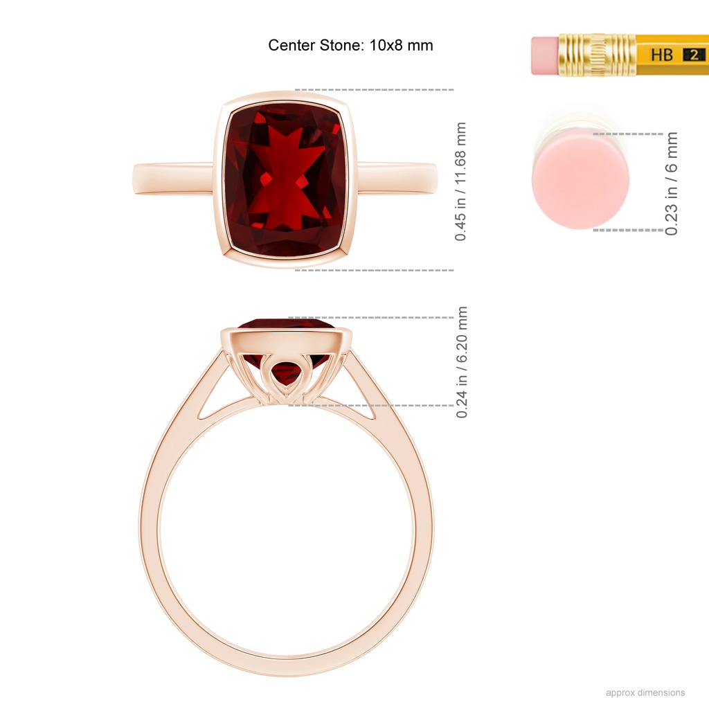 10x8mm AAAA Bezel-Set Rectangular Cushion Garnet Ring in Rose Gold Ruler