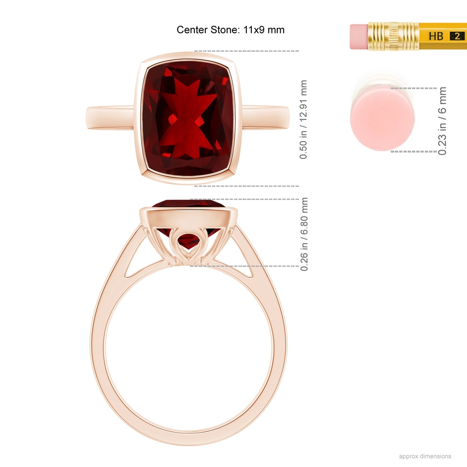 11x9mm AAAA Bezel-Set Rectangular Cushion Garnet Ring in Rose Gold ruler