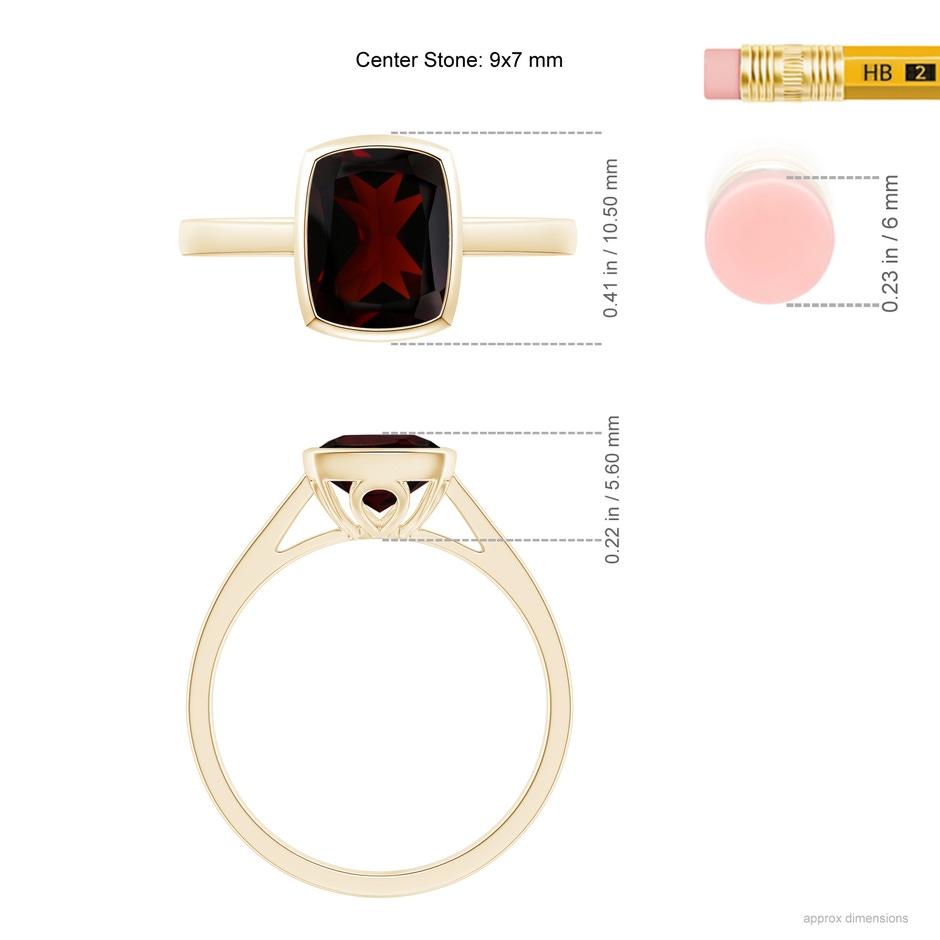 9x7mm A Bezel-Set Rectangular Cushion Garnet Ring in Yellow Gold ruler