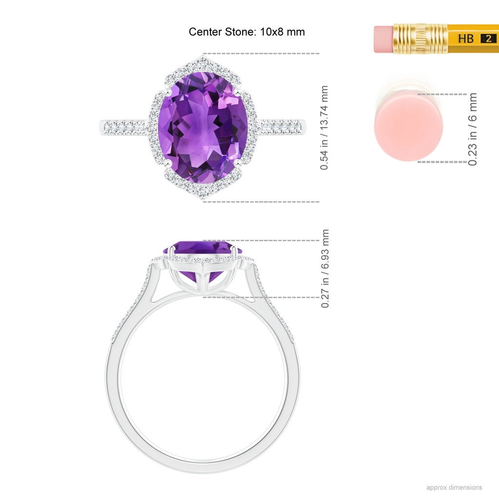 10x8mm AAA Oval Amethyst Ring with Ornate Halo in White Gold Ruler