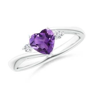 6mm AAA Heart-Shaped Amethyst Bypass Ring with Diamonds in White Gold