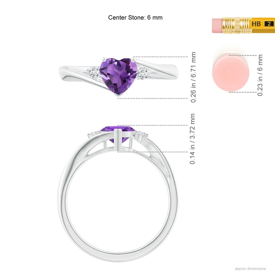 6mm AAA Heart-Shaped Amethyst Bypass Ring with Diamonds in White Gold ruler