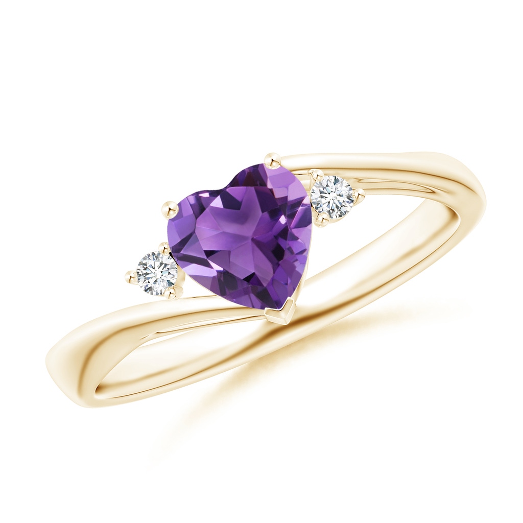 6mm AAA Heart-Shaped Amethyst Bypass Ring with Diamonds in Yellow Gold