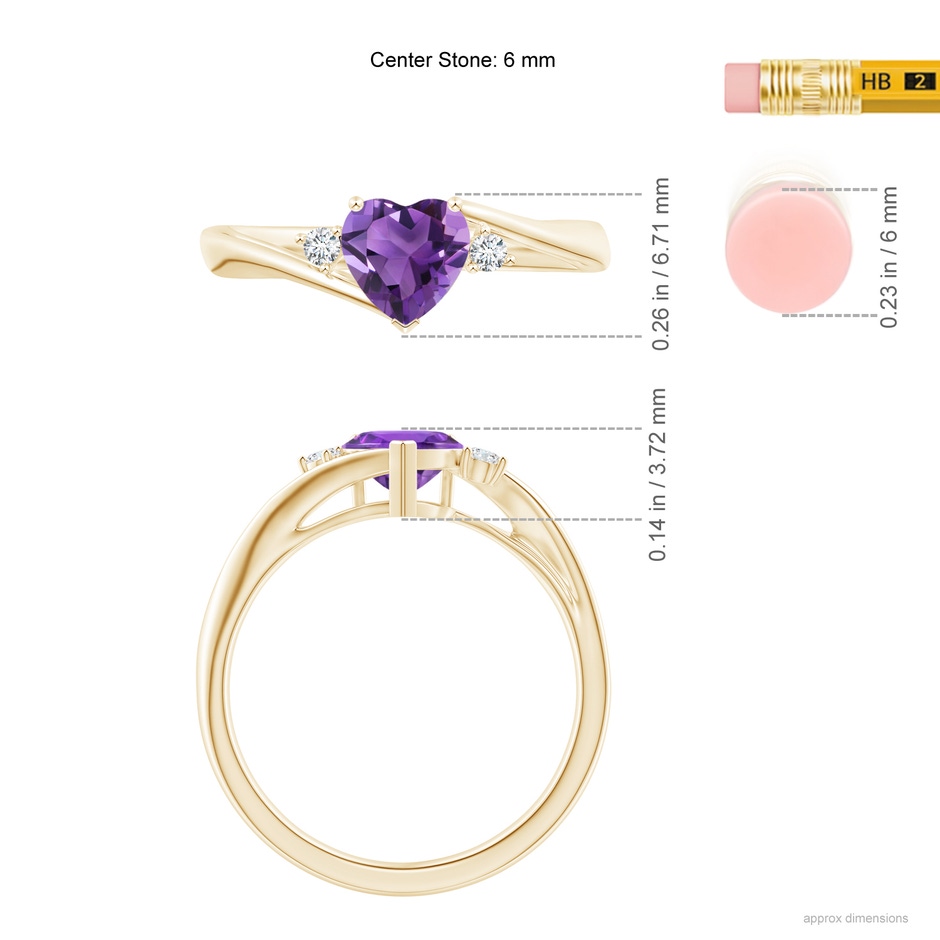 6mm AAA Heart-Shaped Amethyst Bypass Ring with Diamonds in Yellow Gold ruler