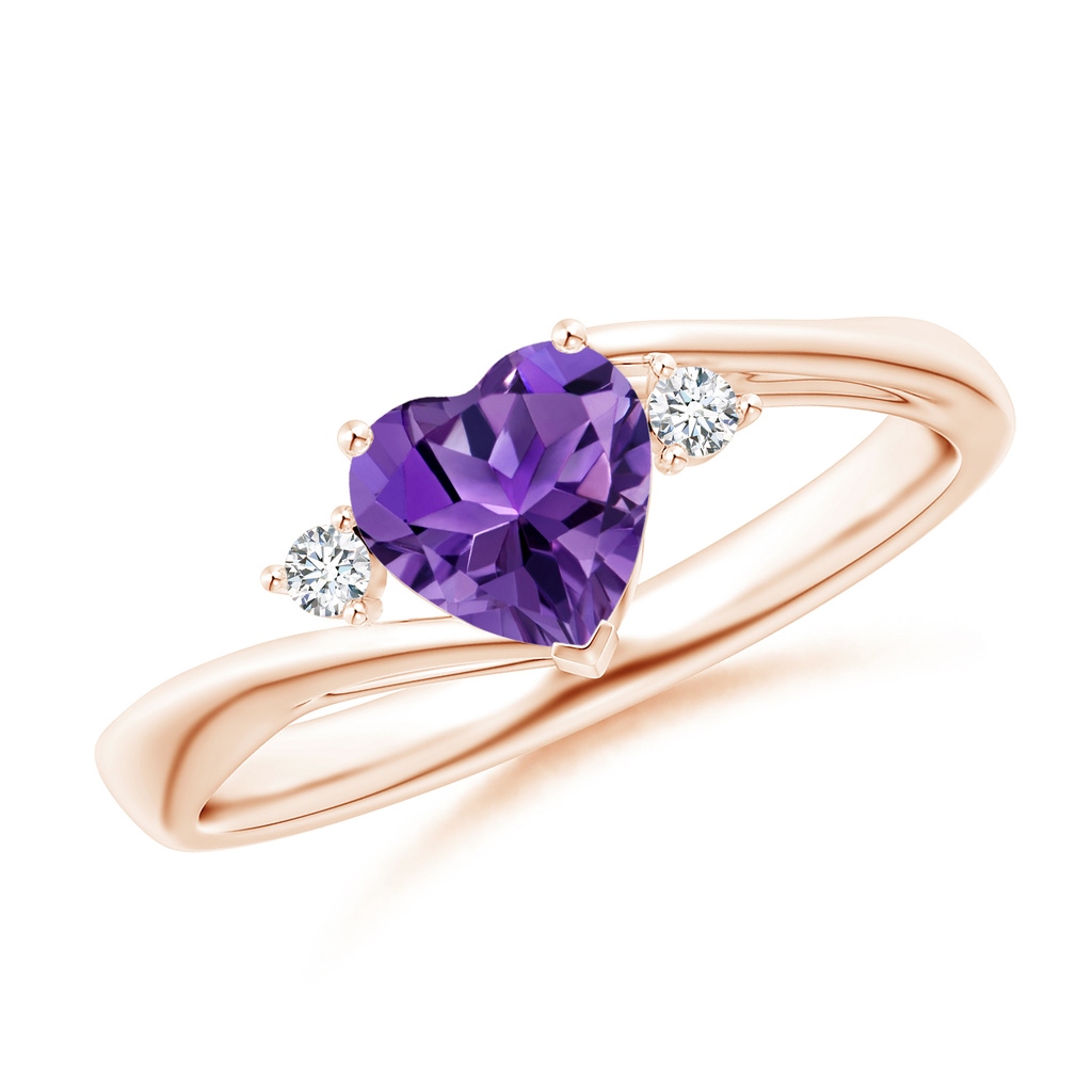 6mm AAAA Heart-Shaped Amethyst Bypass Ring with Diamonds in Rose Gold