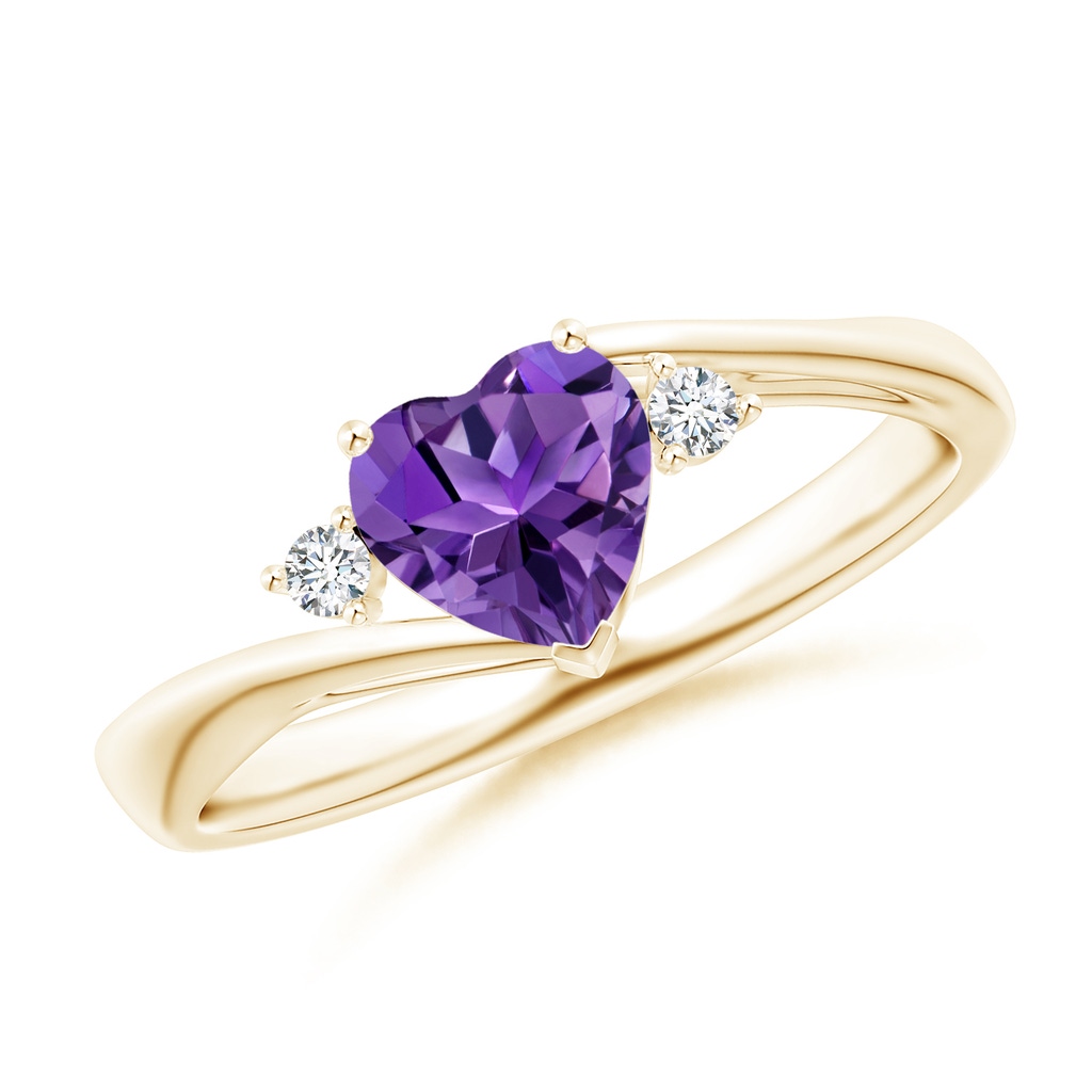 6mm AAAA Heart-Shaped Amethyst Bypass Ring with Diamonds in Yellow Gold