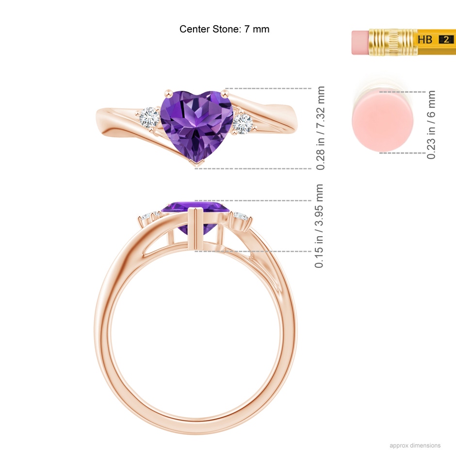7mm AAAA Heart-Shaped Amethyst Bypass Ring with Diamonds in Rose Gold ruler
