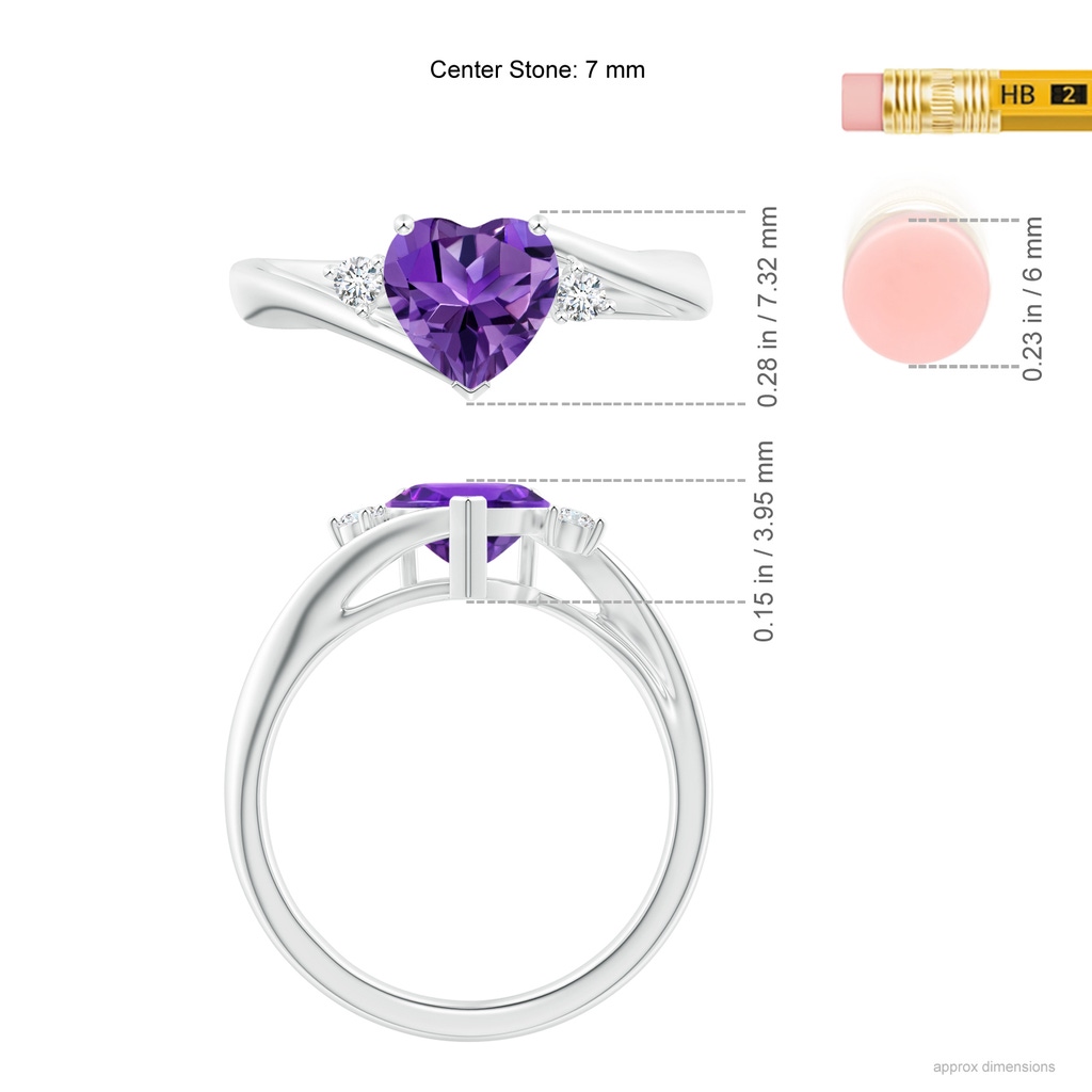 7mm AAAA Heart-Shaped Amethyst Bypass Ring with Diamonds in White Gold Ruler