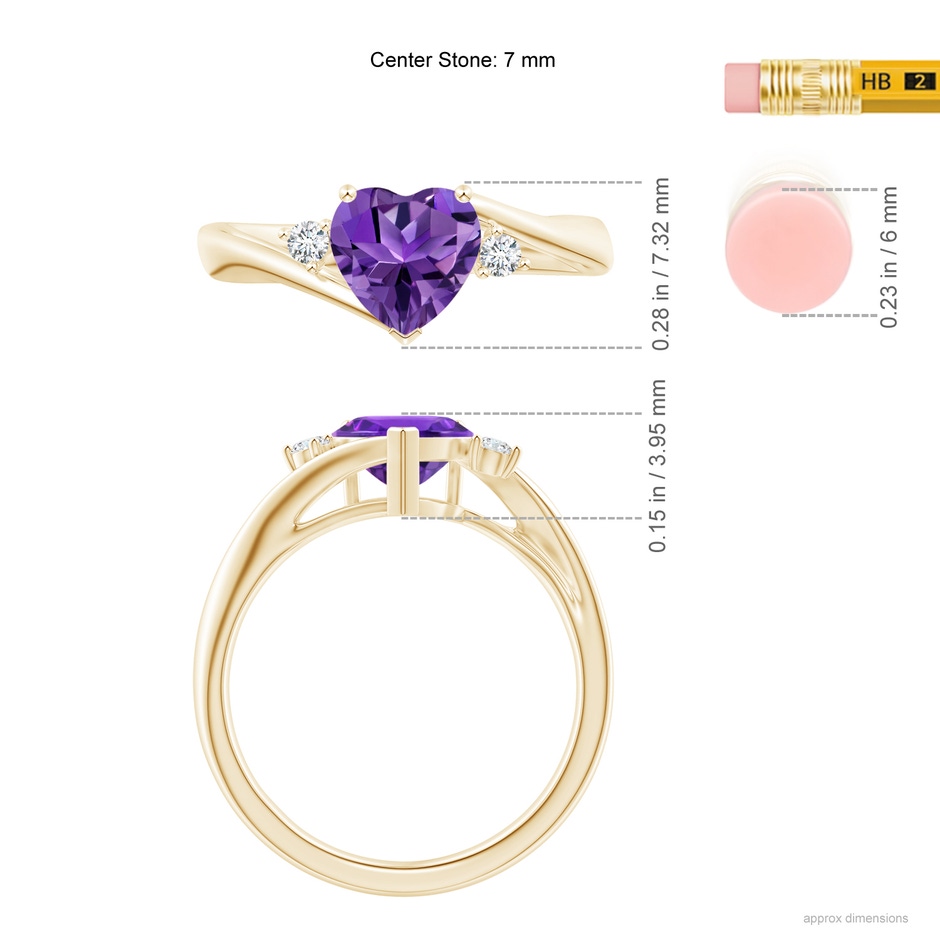 7mm AAAA Heart-Shaped Amethyst Bypass Ring with Diamonds in Yellow Gold ruler