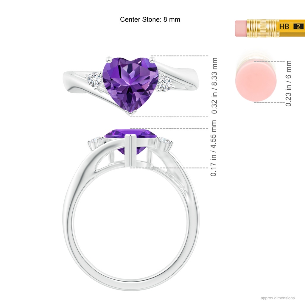 8mm AAAA Heart-Shaped Amethyst Bypass Ring with Diamonds in P950 Platinum Ruler