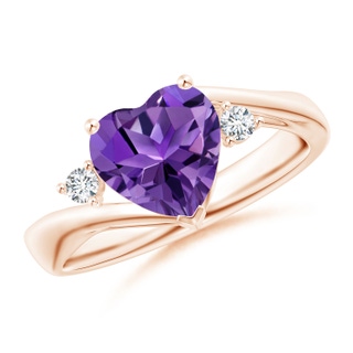8mm AAAA Heart-Shaped Amethyst Bypass Ring with Diamonds in Rose Gold