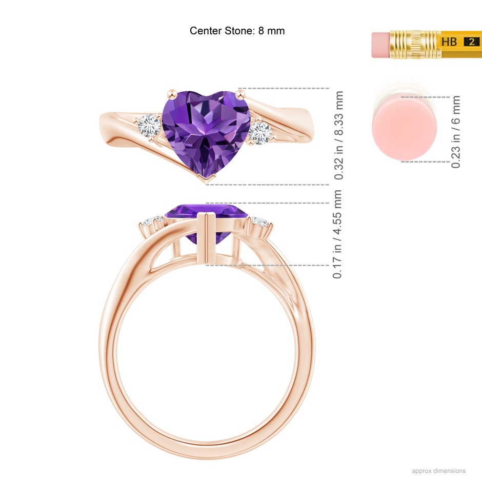 8mm AAAA Heart-Shaped Amethyst Bypass Ring with Diamonds in Rose Gold ruler