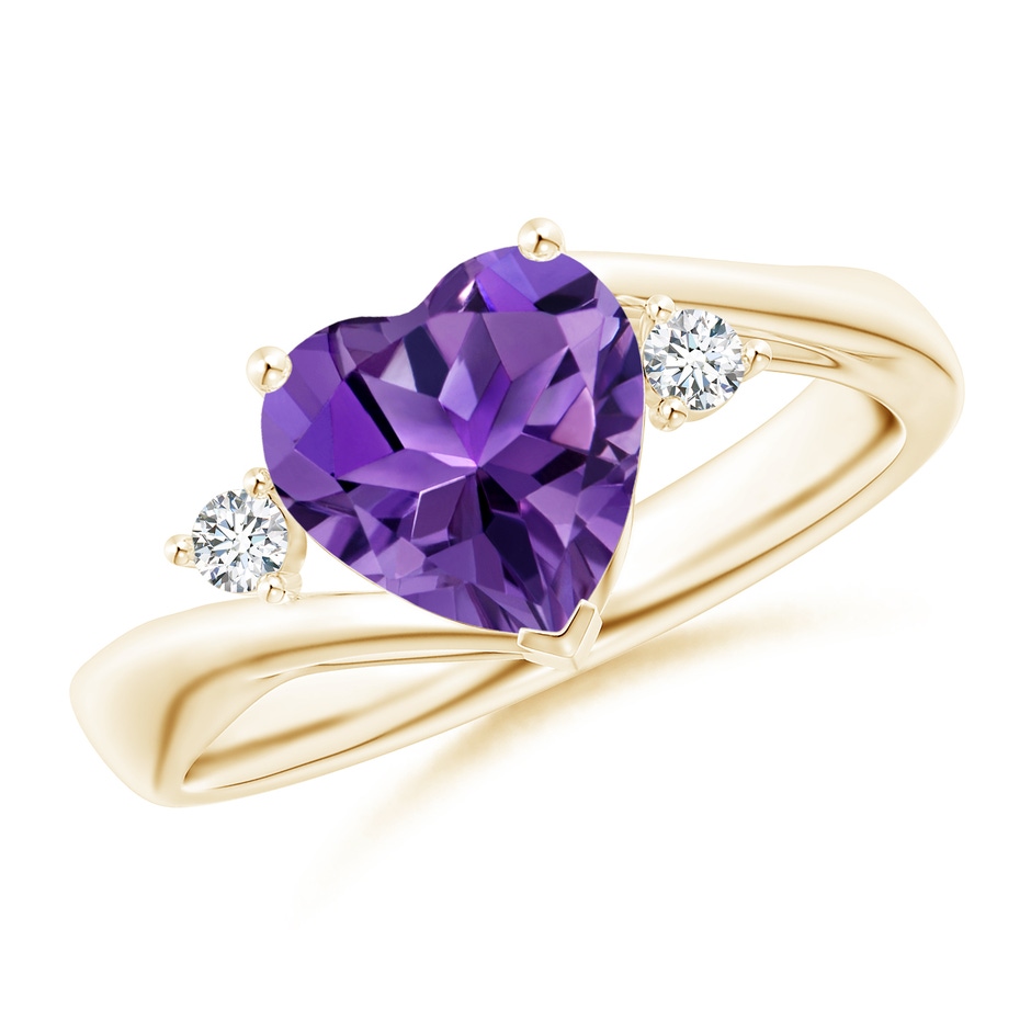 8mm AAAA Heart-Shaped Amethyst Bypass Ring with Diamonds in Yellow Gold 